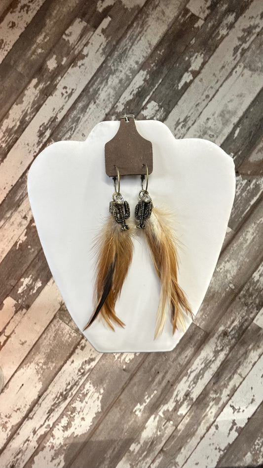 Feather Earrings with Cactus Charm