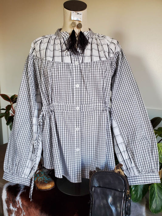 Plaid Ruched Waist Button Down Shirt