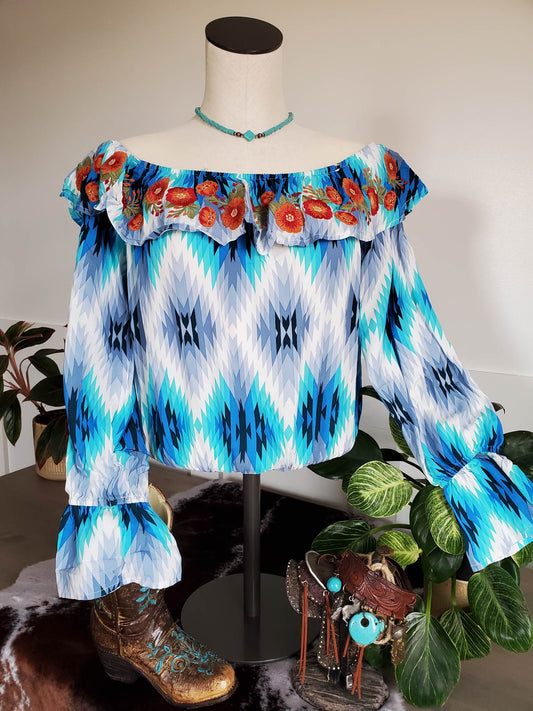 Ruffle Embroidered Blue Aztec Crop Top