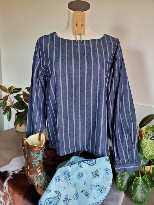 Stripe Navy Chambray Top With Button Back