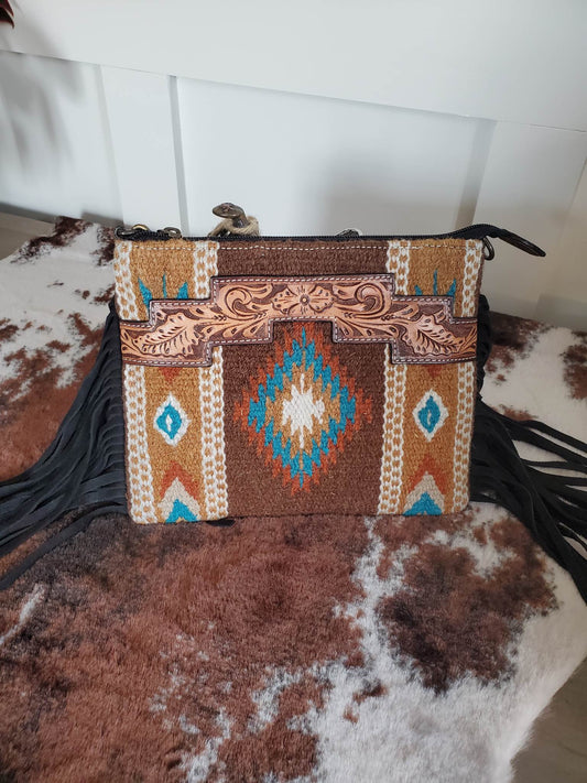 Cross Body Leather  Tooled Wool And Hair On Hide Bag