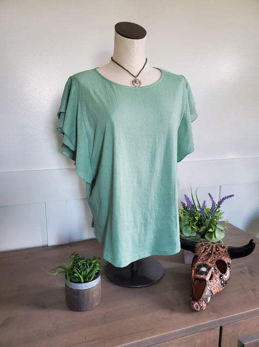 Sage Green Double Ruffle Shirt Sleeve Top