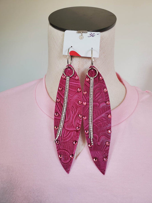 Hot Pink Leather Embossed Teardrop Earrings with Pink Stones