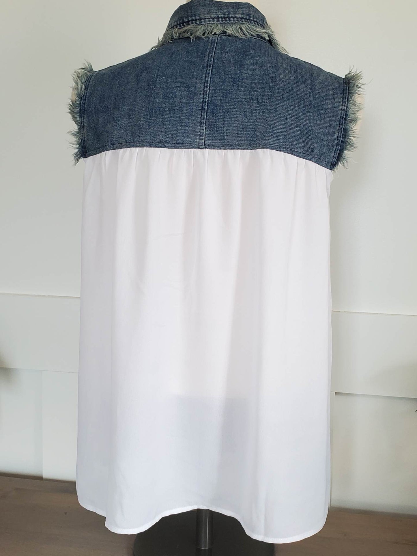 Fringe Denim Contrast Button Down Top/Vest