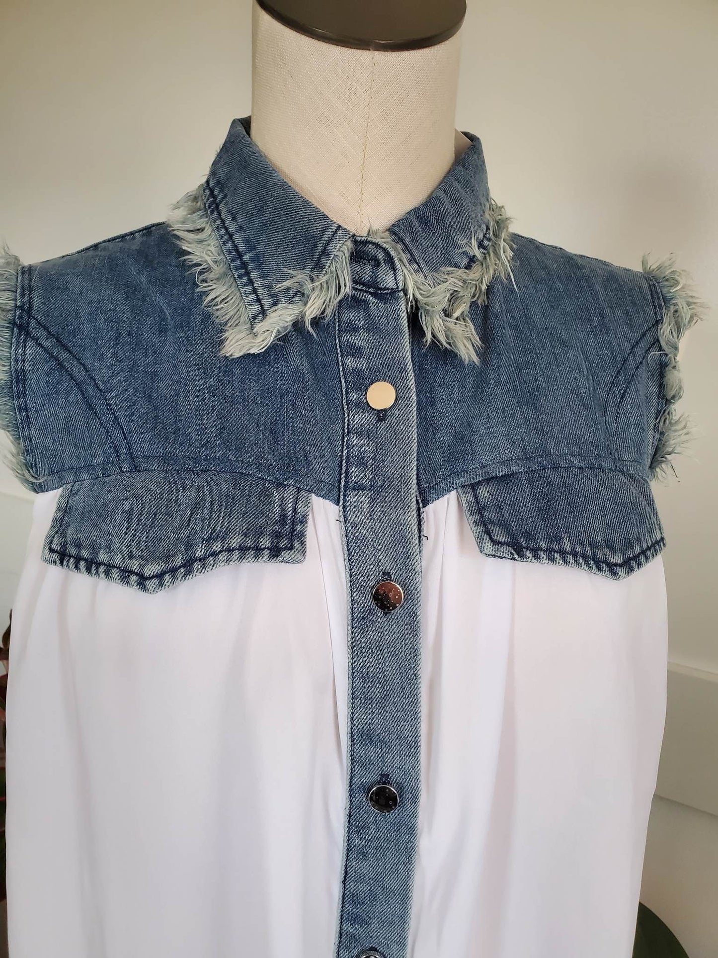 Fringe Denim Contrast Button Down Top/Vest