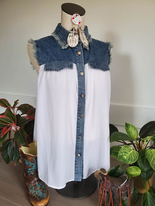 Fringe Denim Contrast Button Down Top/Vest