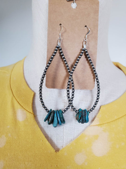 Genuine Long Navajo Teardrop With Turquoise Stone Earrings