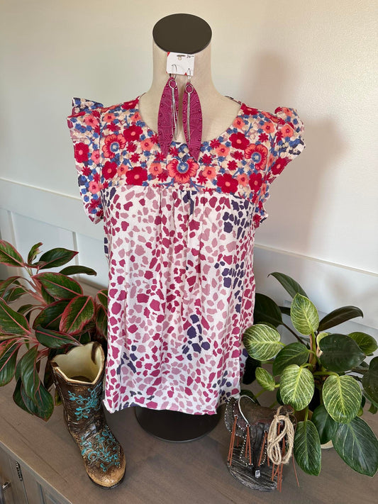 Magenta Embroidered Front Cap Sleeve Top