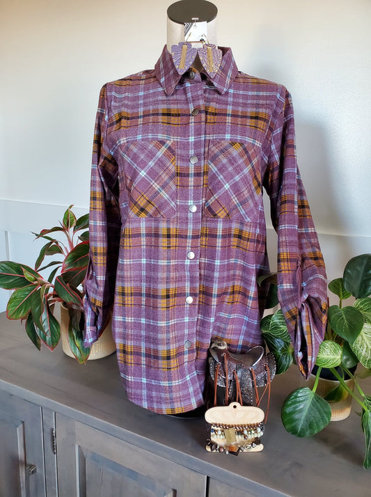 Purple Plaid Shirt Jacket