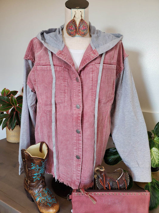 Rose Raw Edge Corduroy Grey Sleeve Hooded Jacket