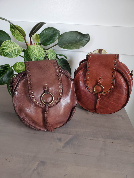 Leather Round Flap Over Snap Cross Body Bag