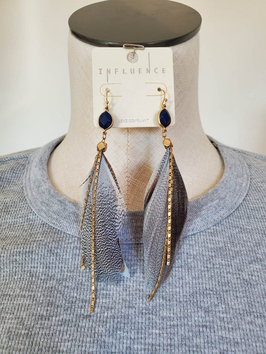 Stone And Feather Gold Dangle Earrings