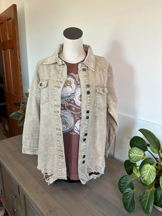 Khaki Distressed Washed Button Jacket