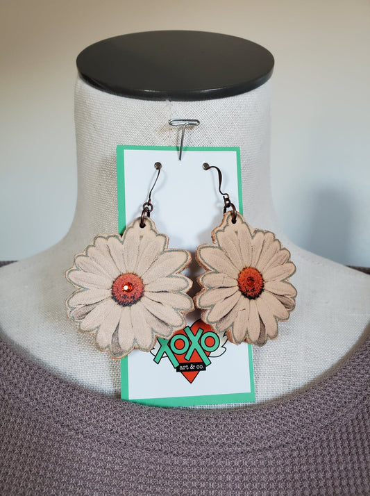 Leather Daisy Tear Drop Earrings