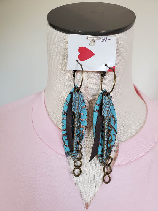 Turquoise Leather Embossed Teardrop Earrings With Matching Arrow