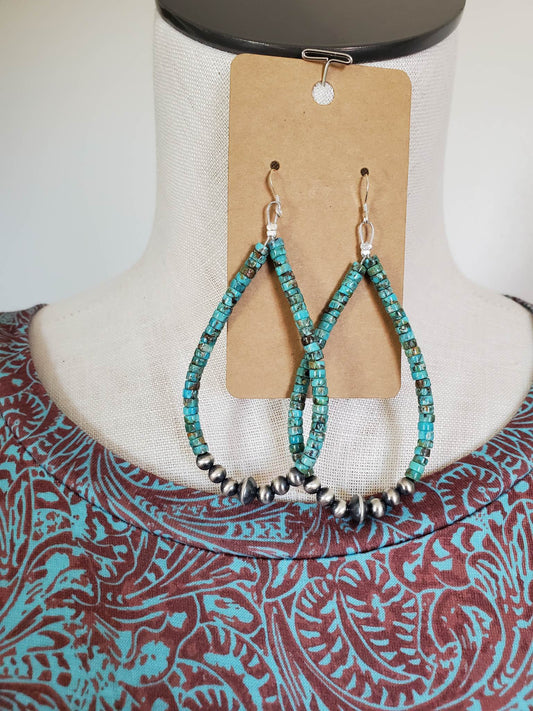 Genuine Turquoise Teardrop Earrings With Navajo Pearl