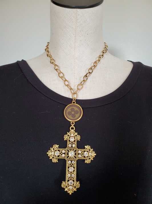 Gold LV and Cross Necklace